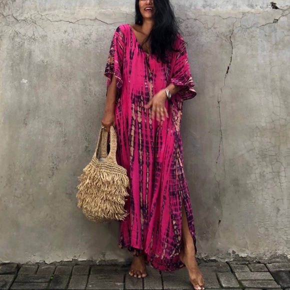 Dianthus Kimono Kaftan Dress Maxi, 5⭐️ Rated Soft Flowing Pink Boho Airy Kaftan - Picture 7 of 11